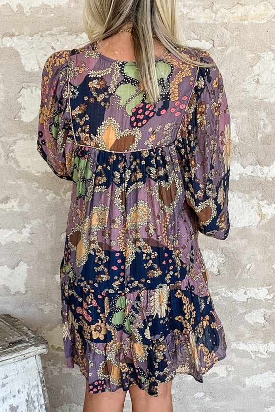 Purple Boho Floral Print Puff Sleeve Flowy Mini Dress