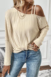 Apricot Ribbed Asymmetrical Neck Batwing Sleeve Twist Hem Top