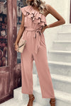 Dusty Pink Asymmetric Shoulder Ruffle and Belted Jumpsuit (Pre-Order)