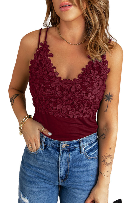 Red Casual Lace Overlay Strappy Hollow Out Camisole Top