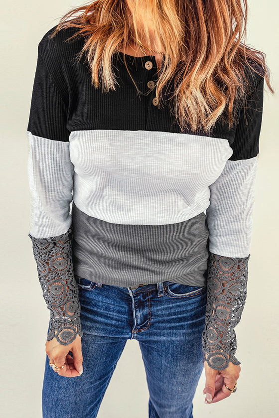 Color Block Ribbed Lace Crochet Sleeves Shirt for Women | Available in 2 Colors