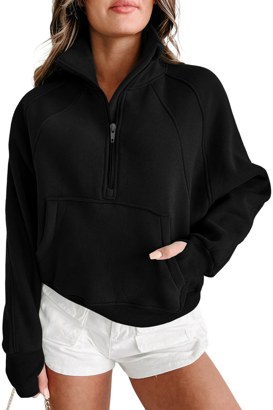 Brown Zip Up Stand Collar Thumbhole Sleeve Sweatshirt | Available in 4 Colors