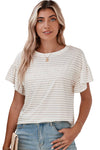 Apricot Striped Lace Splicing Ruffle Sleeve T-shirt | Available in 2 Colors