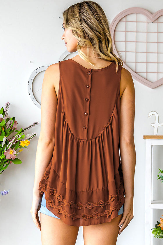 Apricot Casual Contrast Lace Crochet Button Back Sleeveless Shirt