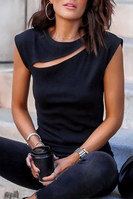 Black Solid Slash Cutout Summer Sleeveless Top | Also Available in Red