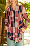 Red Plaid Casual Draped Open Front Cardigan