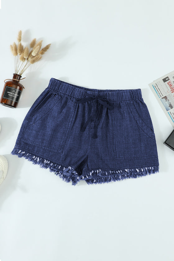 Black Drawstring Pocketed Frayed Hem Denim Shorts | Available in 3 Colors