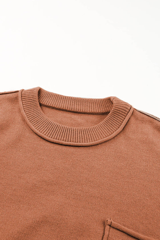 Apricot Raw Edge Pocket Exposed Seam Knitted Sweater