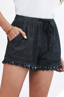  Black Drawstring Pocketed Frayed Hem Denim Shorts | Available in 3 Colors