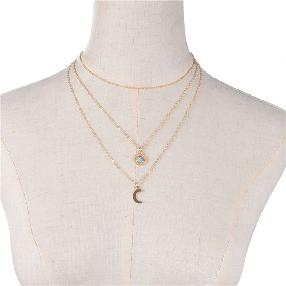 Turquoise Multilayer Necklace Metal Moon Pendant Necklace