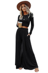 Black Plain Ribbed Crop Top & Wide Leg Pants Two Piece Pants Set | 3 Colors Available