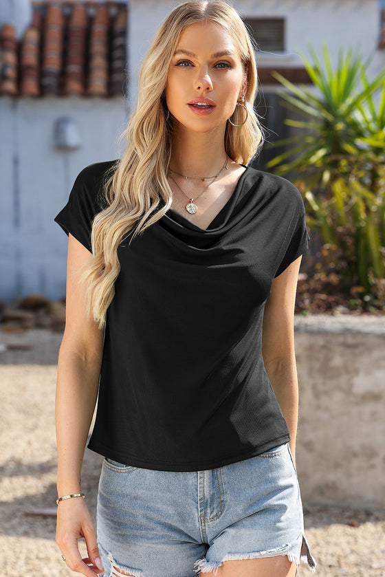 Black Solid Color Cowl Neck Tee