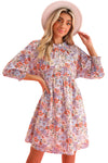 Purple Floral Boho Frilled Neck Shirred Cuffs Mini Dress