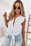 White Lace Knot Hem Sleeveless Shirt