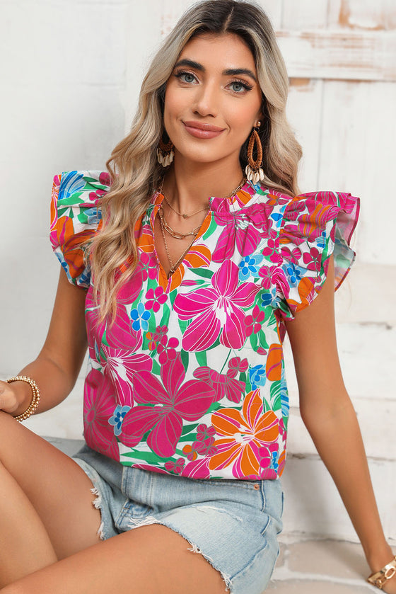 Multicolor Floral Print V Neck Ruffle Shoulder Blouse