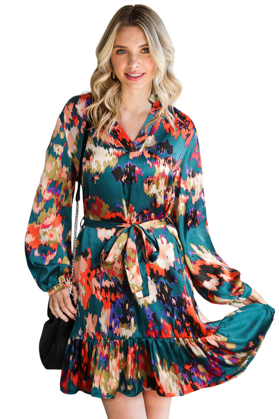 Abstract Print Waist Belted Long Sleeve Dress | Other Colors Available