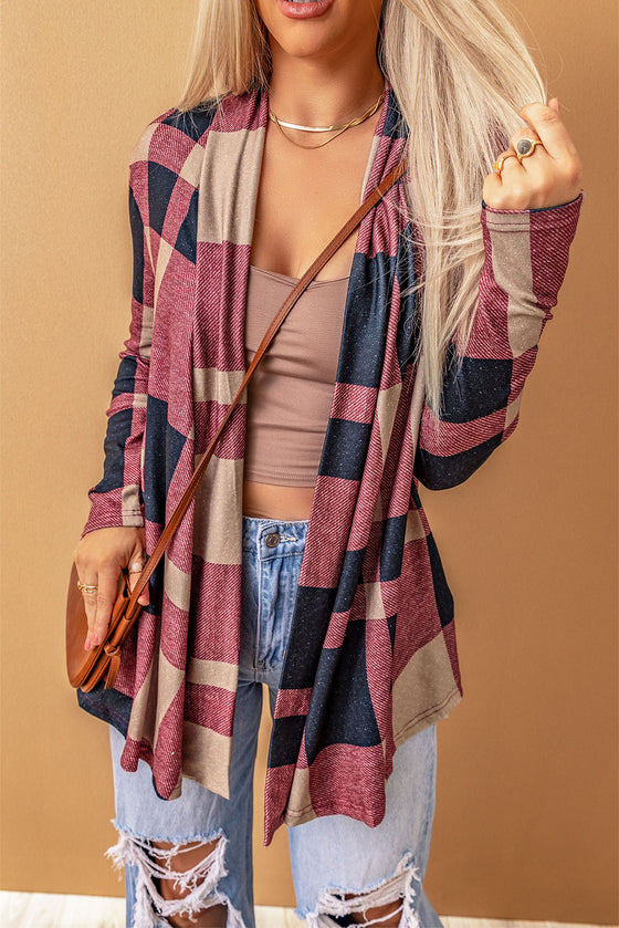 Red Plaid Casual Draped Open Front Cardigan