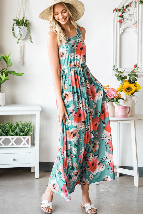 Green Floral Sleeveless Maxi Dress