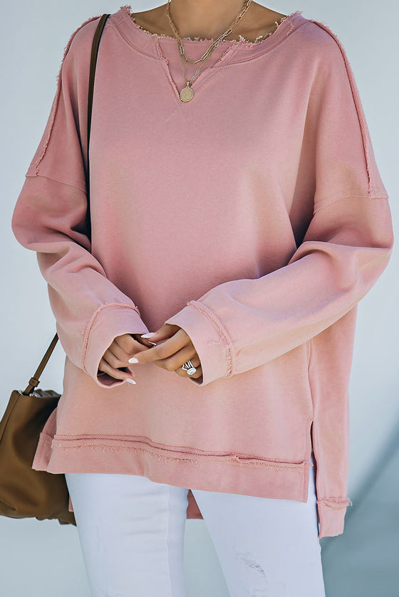 Pink Casual Frayed Trim Side Slit Loose Sweatshirt