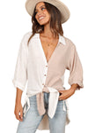 White Colorblock V Neck Collared Side Slits Blouse