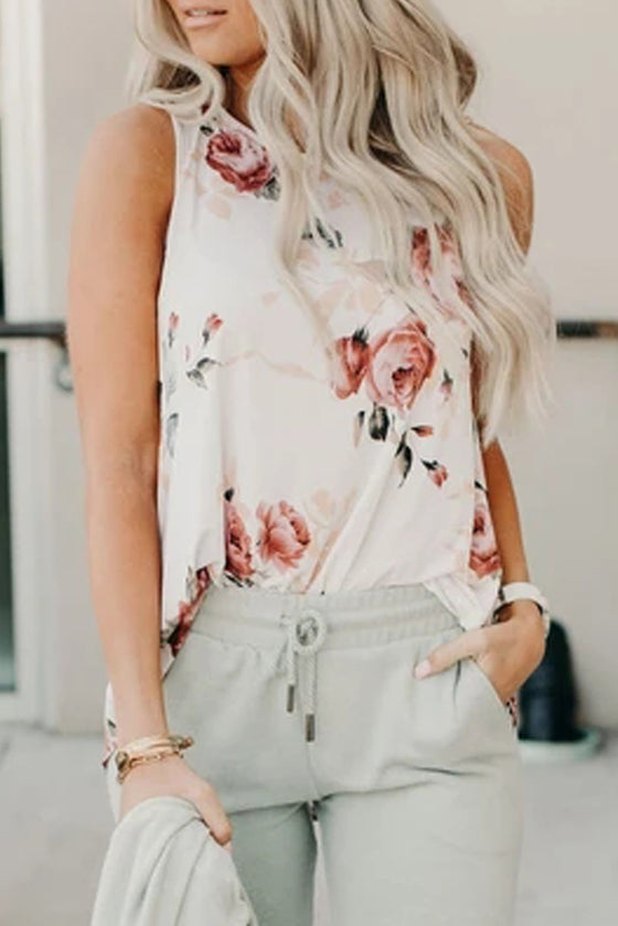 Floral Print Round Neck Casual White Tank Top