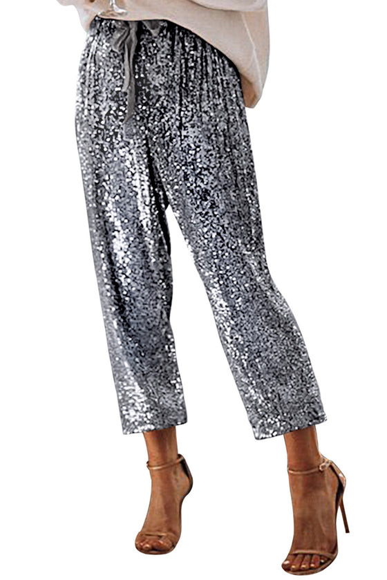 Silver High Waisted Drawstring Cropped Sequin Pants