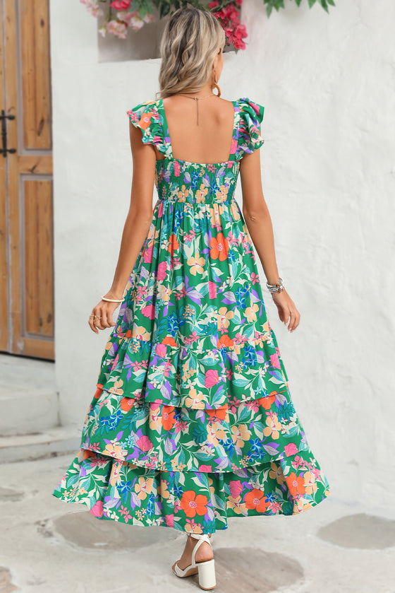 Green Boho Floral Print Ruffle Sleeveless Tiered Maxi Dress