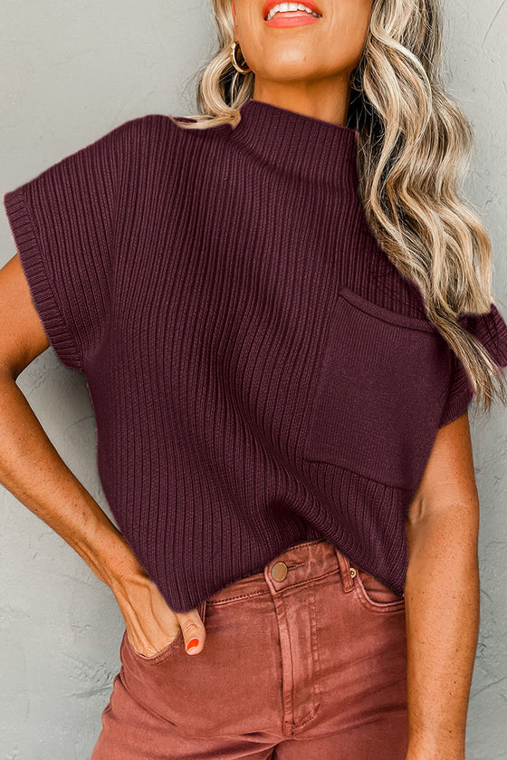 Oatmeal Patch Pocket Ribbed Knit Short Sleeve Sweater | Available in 7 Colors