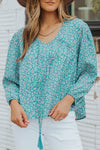 Light Blue Floral Print Boho Lace Up High Low V Neck Blouse