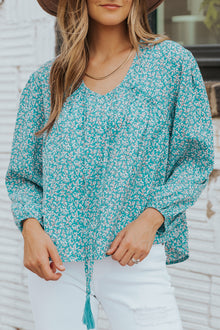  Light Blue Floral Print Boho Lace Up High Low V Neck Blouse