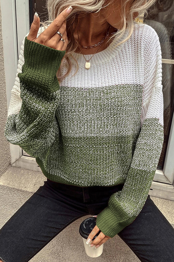 Pickle Green Color Block Drop Shoulder Ribbed Trim Sweater | Available in Other Colors