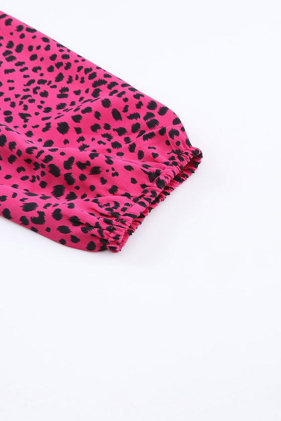 Pink and Black Leopard Long Sleeve Pleated Blouse