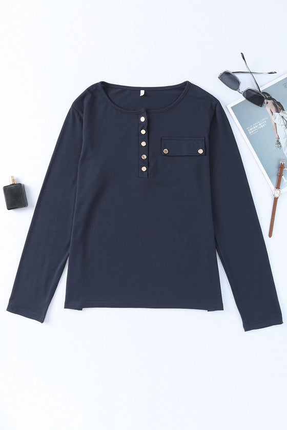 Dark Blue Casual Long Sleeve Snap Button Henley Top | Available in 2 Colors