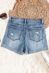 Light Blue Button Fly Distressed High-Rise Denim Shorts