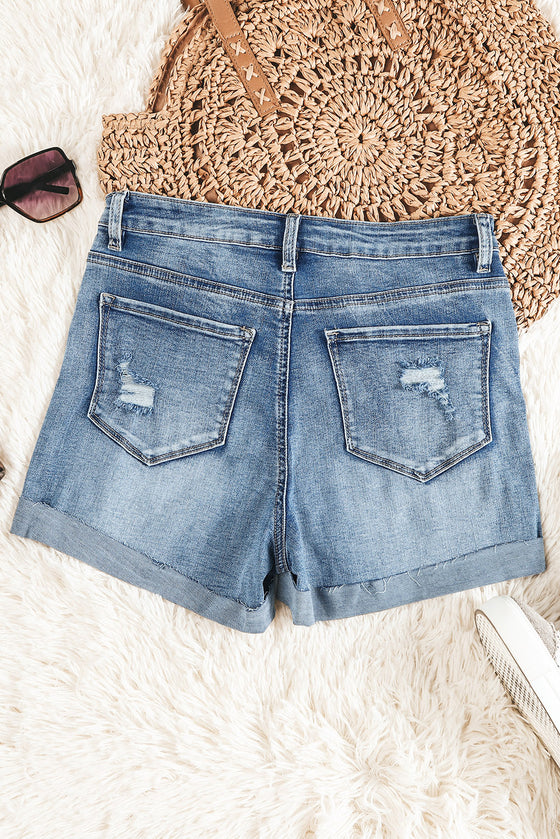 Light Blue Button Fly Distressed High-Rise Denim Shorts