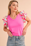 Bonbon V Neck Ruffle Floral Sleeve T Shirt