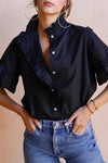 Blue Solid Ruffle Detail Button Up Funnel Neck Blouse