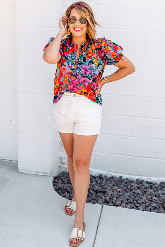 Tropical Floral V Neck Ruffle Blouse