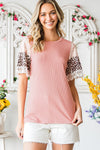 Pink Rib-Knit Leopard Lace Summer Top | Available in Black