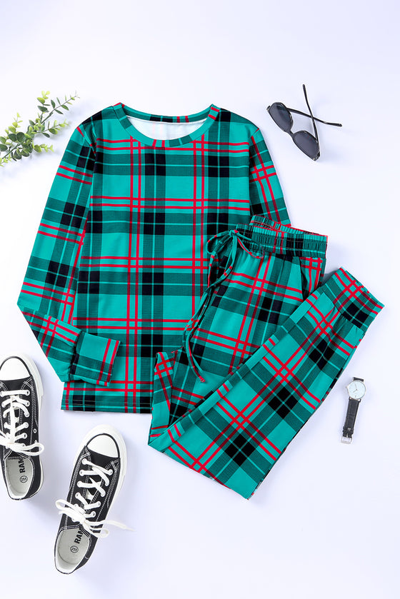 Green Plaid Long Sleeve Top & Drawstring Joggers Loungewear Set