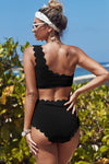 Black Scalloped Trim Asymmetrical Neck High Waist Bikini