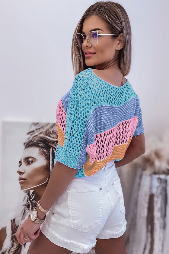 Sky Blue Knitted Color Blocked Top | Available in Pink