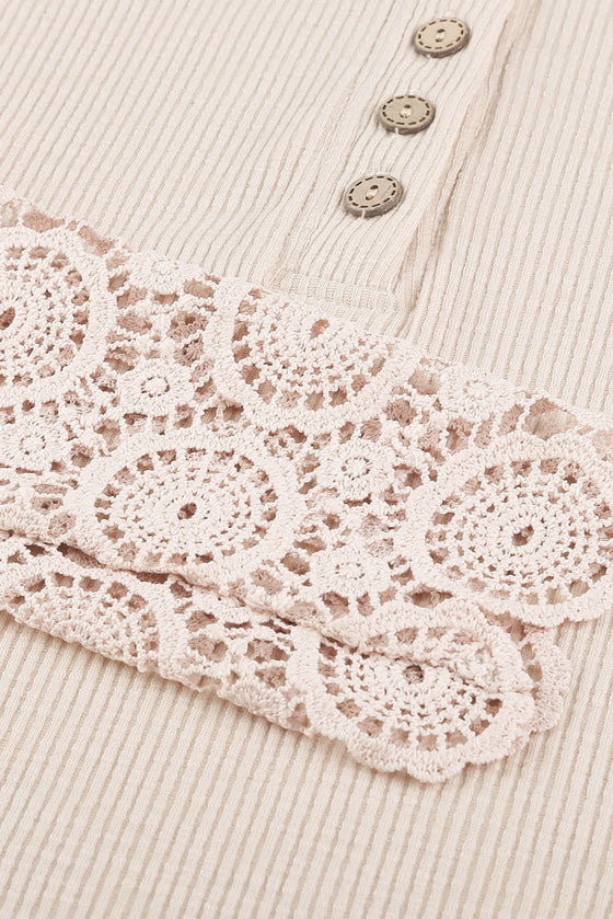 Beige Ribbed Lace Crochet Long Sleeve Shirt | Also Available in Black