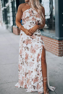  White Floral Slit Ruffled Halter Neck Maxi Dress