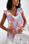 Pastel Geometric Print V-Neck Pleated Top