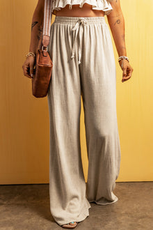  Apricot Casual Lace-up Waist Floor Length Wide Leg Pants