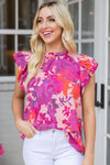 Pink Floral Blouse with Ruffled Sleeves