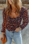 Black V Neck Bubble Sleeve Floral Blouse