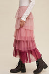 Pink Gradient Mesh Ruffle Tiered Tulle Maxi Skirt