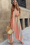 Bohemian Striped Colorblock Spaghetti Strap Sleeveless Maxi Dress